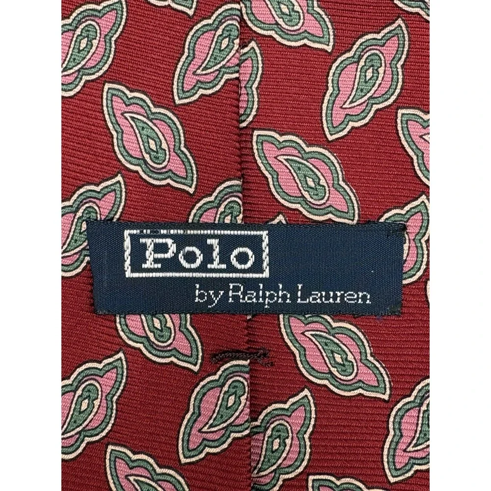 RALPH LAUREN REEP Tie Men's POLO 100% Silk Red Pink Luxury Geometric EUC